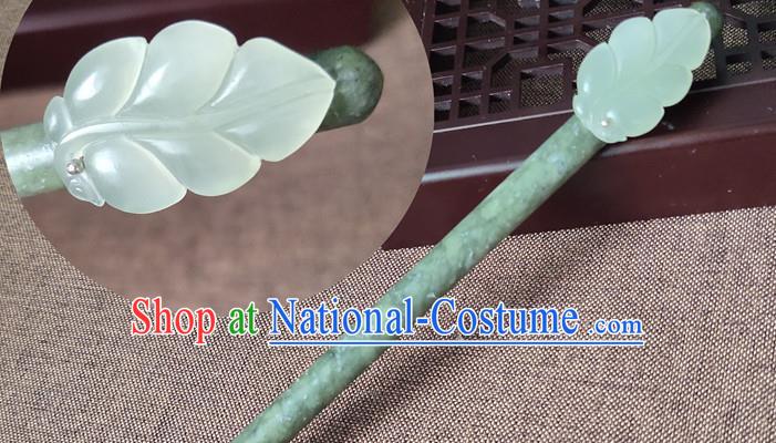 China Classical Cheongsam Headpiece Handmade Jade Leaf Hairpin Traditional Hanfu Hair Accessories Ancient Princess Hair Stick