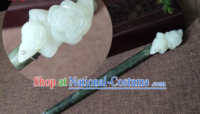 China Jade Rose Hair Stick Classical Cheongsam Headpiece Handmade Carving Hairpin Traditional Hair Accessories