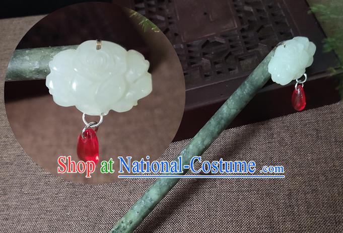 China Traditional Hair Accessories Jade Peony Hair Stick Classical Cheongsam Headpiece Handmade Carving Hairpin