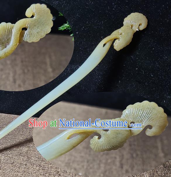 China Classical Headwear Handmade Jade Carving Ginkgo Leaf Hairpin Traditional Hair Accessories Cheongsam Hair Stick