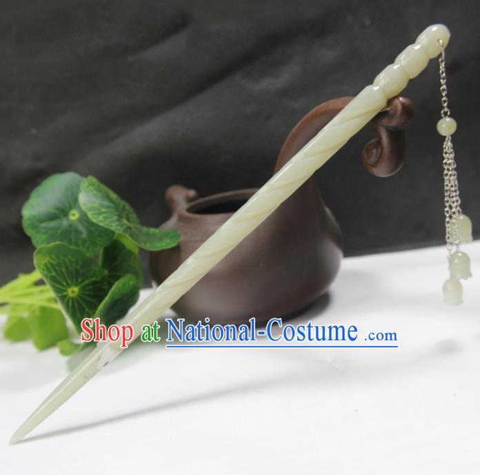 China Classical Tassel Headpiece Handmade Jade Carving Hairpin Traditional Cheongsam Hair Accessories Women Hair Stick