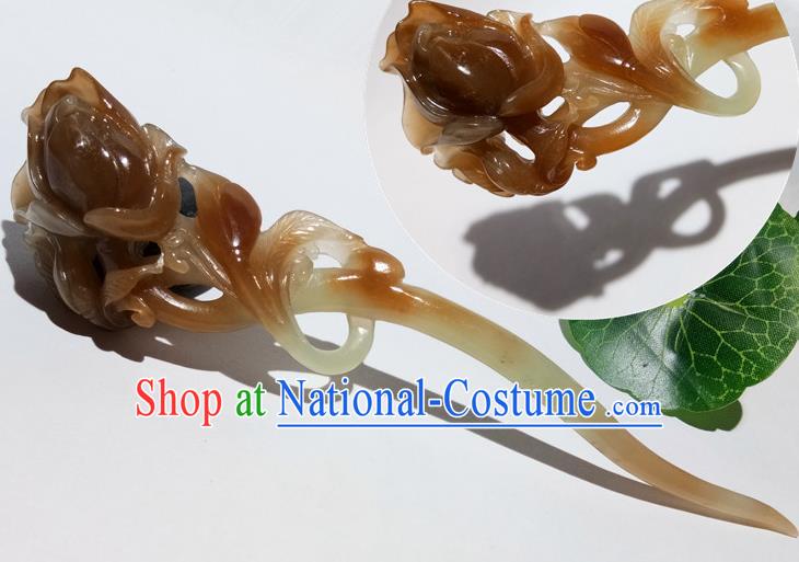 China Handmade Carving Mangnolia Hairpin Traditional Cheongsam Hair Accessories Women Hair Stick Classical Jade Headpiece