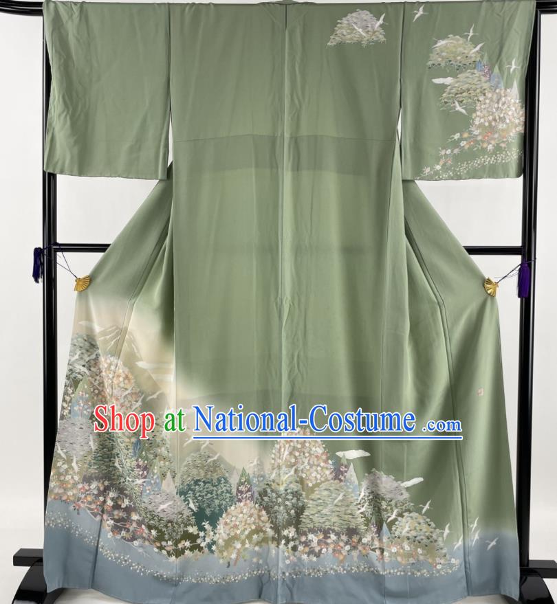 Japanese Traditional Clothing Classical Flowers Pattern Tsukesage Kimono Costume Court Woman Green Yukata Dress