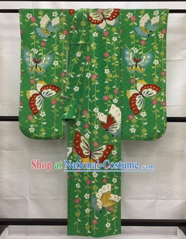 Japanese Young Woman Green Yukata Dress Traditional Court Clothing Classical Sakura Butterfly Pattern Furisode Kimono Costume