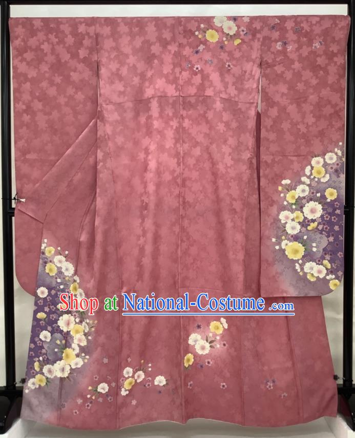 Japanese Classical Sakura Pattern Furisode Kimono Costume Young Woman Pink Silk Yukata Dress Traditional Court Clothing