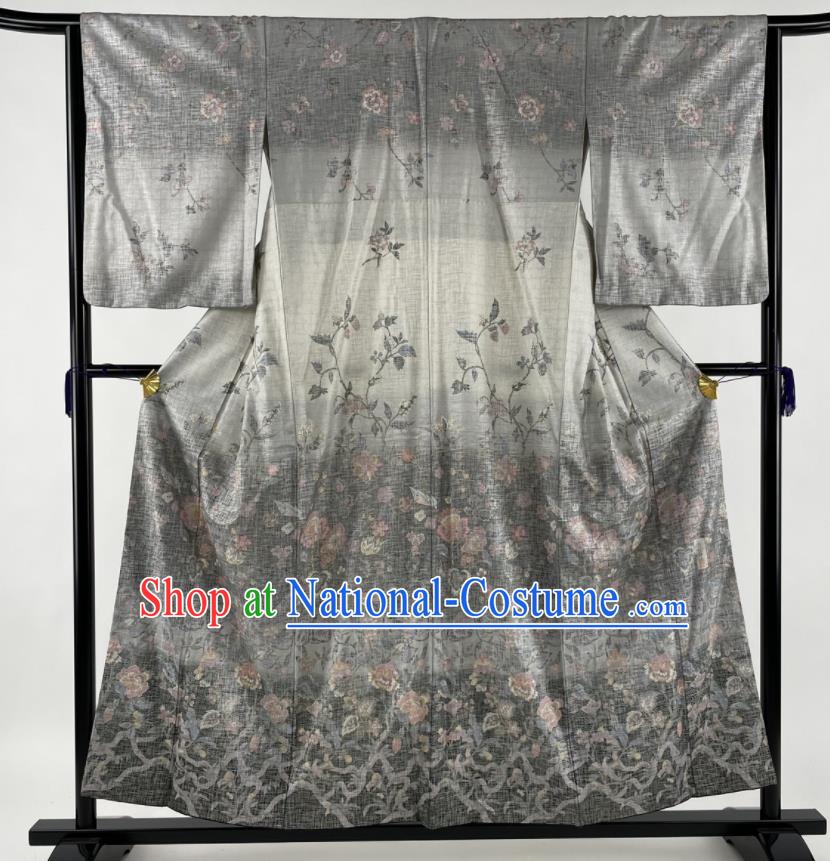 Japanese Traditional Court Empress Clothing Classical Flowers Butterfly Pattern Tsukesage Kimono Costume Elderly Woman Grey Silk Yukata Dress