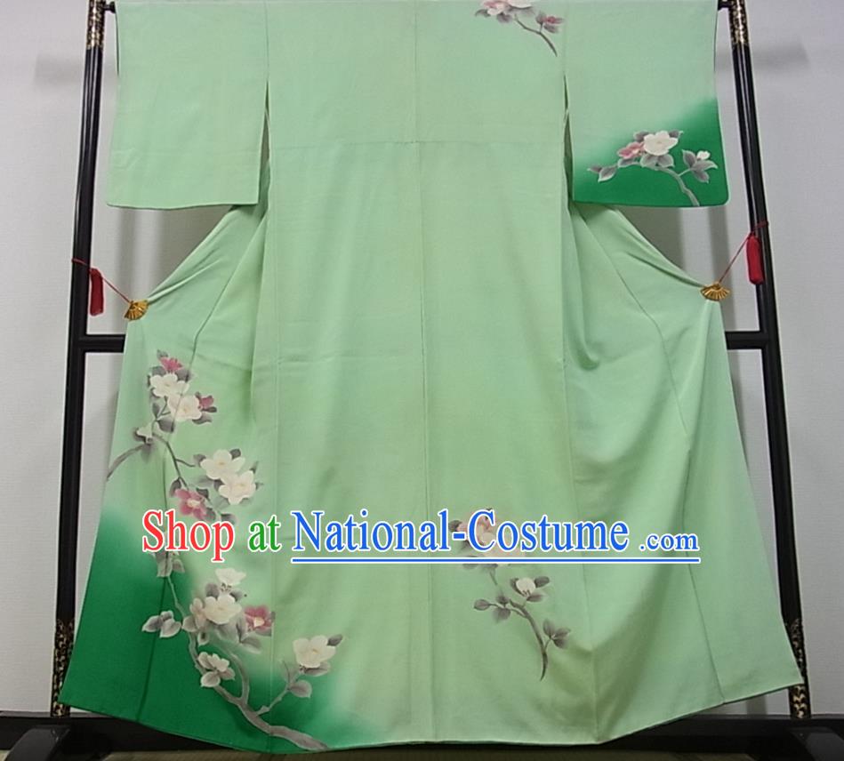 Japanese Classical Hibiscus Pattern Tsukesage Kimono Costume Young Woman Green Yukata Dress Traditional Court Lady Clothing