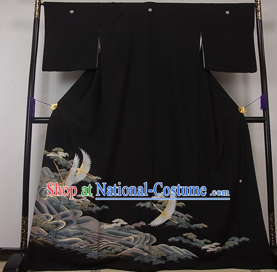 Japanese Traditional Festival Clothing Classical Cranes Pattern Kurotomesode Kimono Elderly Woman Black Yukata Dress