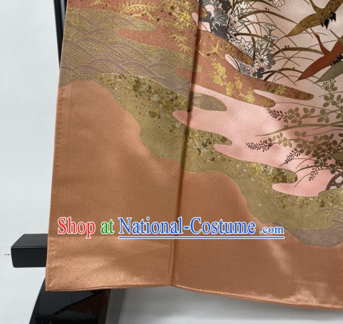 Japanese Traditional Festival Performance Clothing Classical Cranes Pattern Tsukesage Kimono Costume Young Woman Khaki Silk Yukata Dress