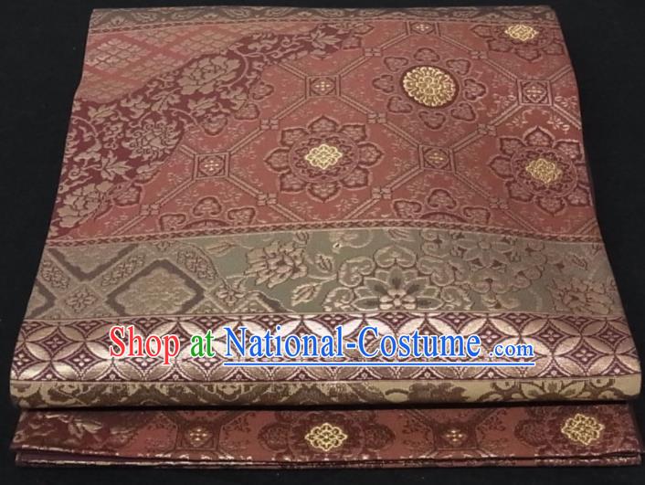 Japanese Classical Flowers Pattern Kimono Belt Handmade Wine Red Brocade Waistband Traditional Yukata Robe Nishijin Girdle Accessories