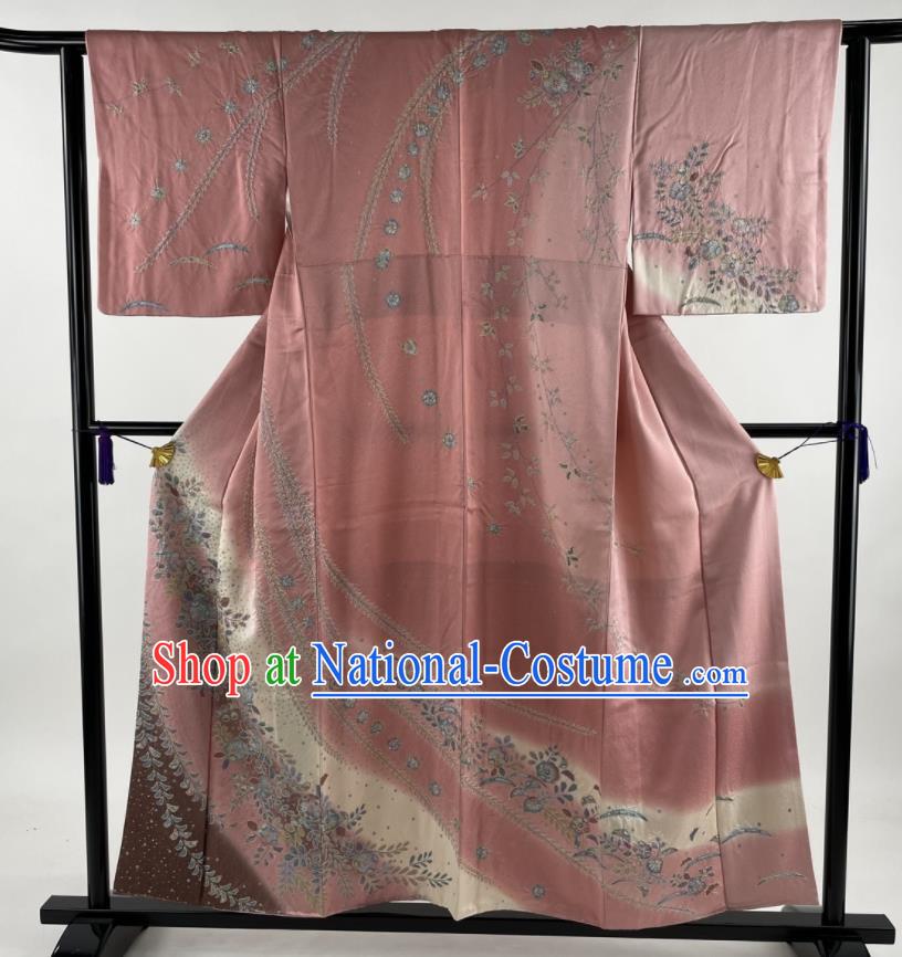 Japanese Classical Flowers Pattern Tsukesage Kimono Costume Young Woman Pink Yukata Dress Traditional Festival Performance Clothing