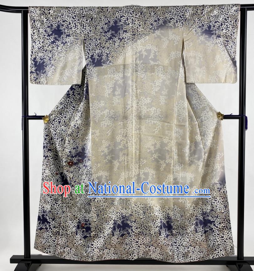 Japanese Classical Sakura Pattern Tsukesage Kimono Costume Noble Woman Navy Yukata Dress Traditional Ceremony Clothing