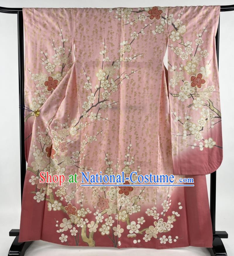 Japanese Traditional Ceremony Clothing Classical Plum Blossom Pattern Furisode Kimono Costume Wedding Bride Pink Silk Yukata Dress