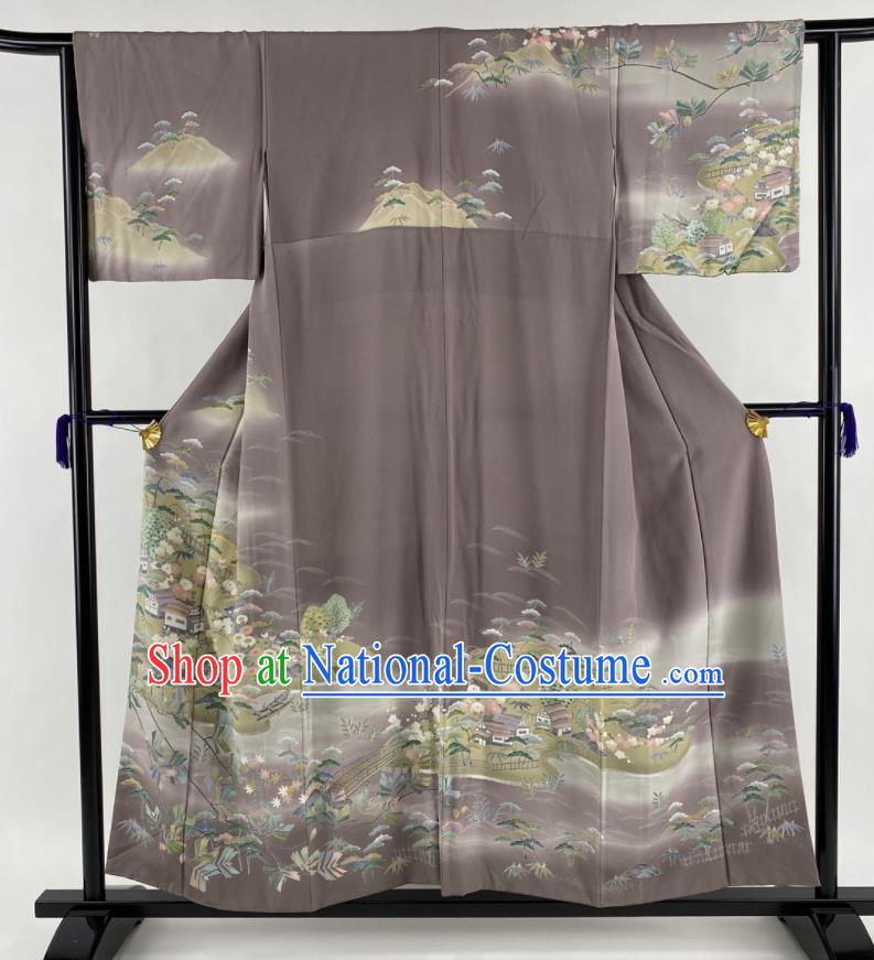 Japanese Classical Sakura Landscape Pattern Tsukesage Kimono Costume Elderly Female Grey Yukata Dress Traditional Ceremony Clothing