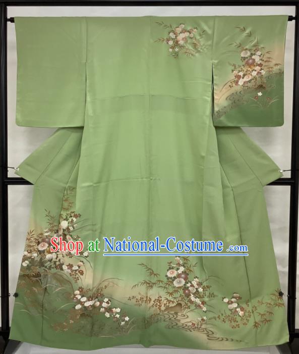 Japanese Traditional Ceremony Clothing Classical Chrysanthemum Pattern Tsukesage Kimono Costume Young Female Green Yukata Dress