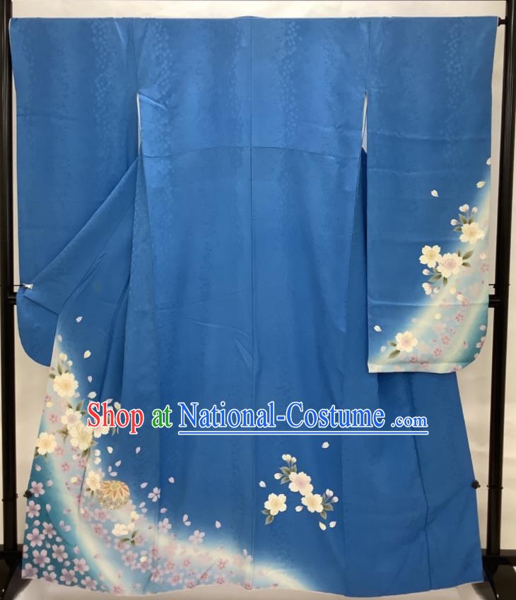 Japanese Young Female Blue Yukata Dress Traditional Ceremony Clothing Classical Sakura Pattern Furisode Kimono Costume