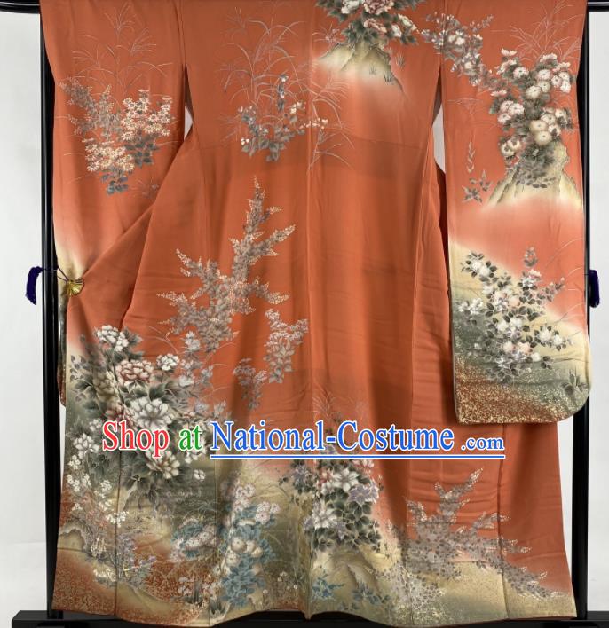 Japanese Classical Peony Pattern Furisode Kimono Costume Court Woman Orange Yukata Dress Traditional Wedding Bride Clothing