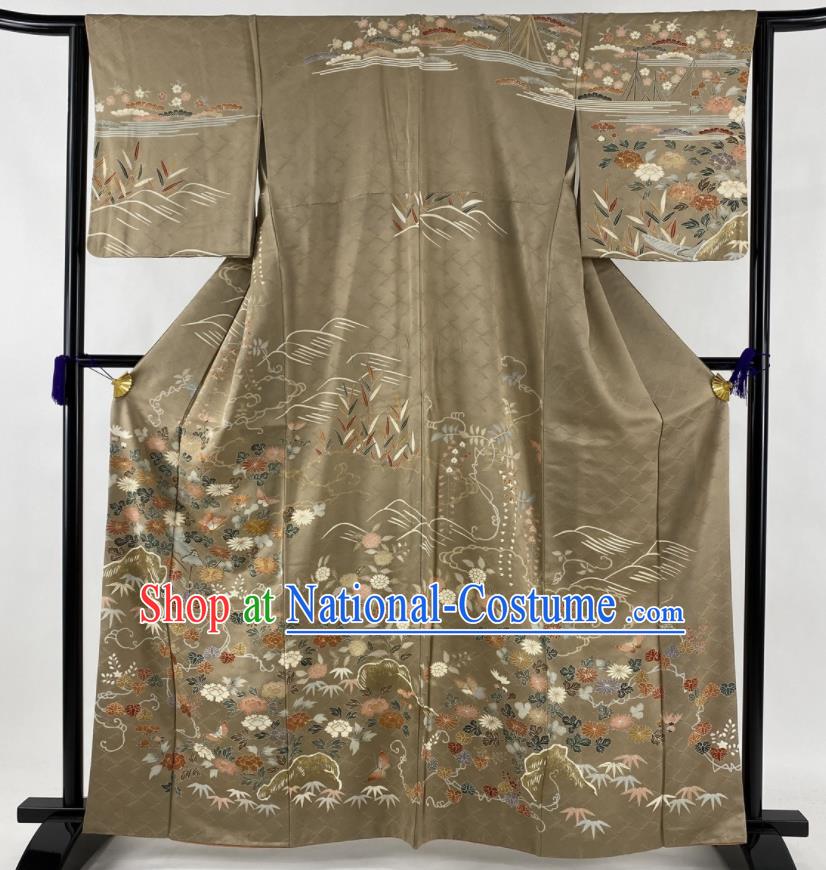 Japanese Traditional Ceremony Clothing Classical Bamboo Leaf Pattern Tsukesage Kimono Costume Noble Woman Khaki Silk Yukata Dress