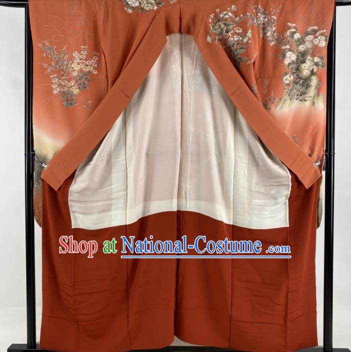 Japanese Classical Peony Pattern Furisode Kimono Costume Court Woman Orange Yukata Dress Traditional Wedding Bride Clothing