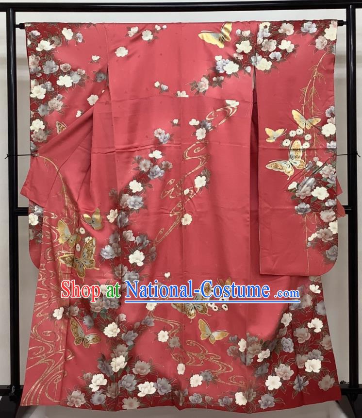 Japanese Traditional Wedding Ceremony Clothing Classical Peony Butterfly Pattern Furisode Kimono Costume Bride Pink Silk Yukata Dress