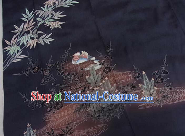 Japanese Elderly Woman Navy Silk Yukata Dress Traditional Homongi Clothing Classical Bamboo Leaf Pattern Tsukesage Kimono Costume