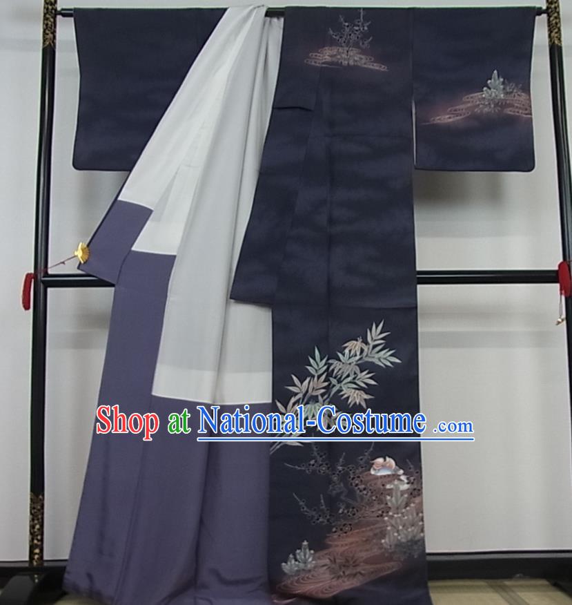 Japanese Elderly Woman Navy Silk Yukata Dress Traditional Homongi Clothing Classical Bamboo Leaf Pattern Tsukesage Kimono Costume