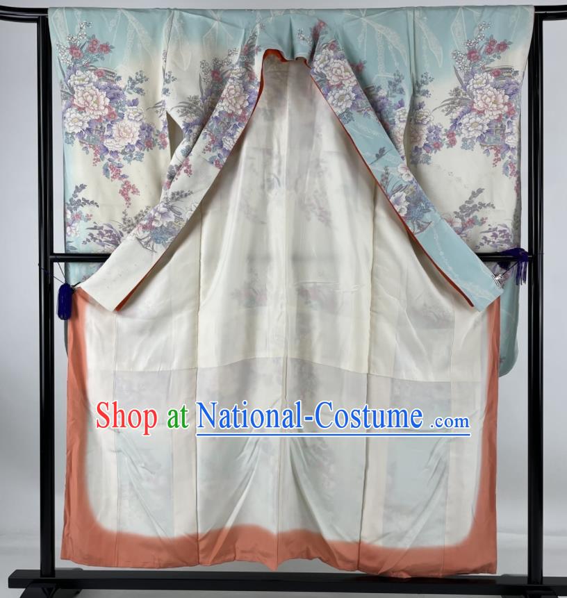 Japanese Traditional Wedding Clothing Classical Peony Pattern Furisode Kimono Costume Young Woman Silk Yukata Dress