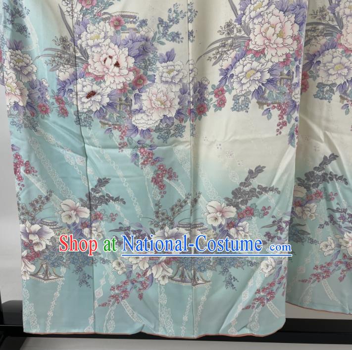 Japanese Traditional Wedding Clothing Classical Peony Pattern Furisode Kimono Costume Young Woman Silk Yukata Dress