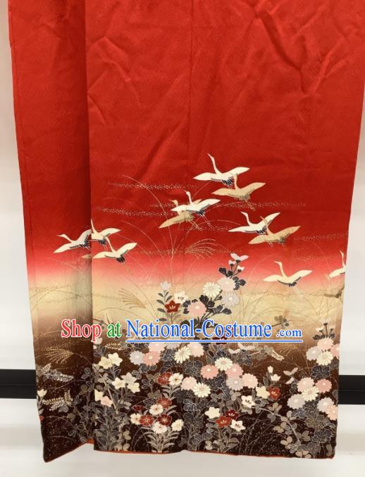 Japanese Court Woman Red Silk Yukata Dress Traditional Festival Clothing Classical Cranes Chrysanthemum Pattern Furisode Kimono Costume