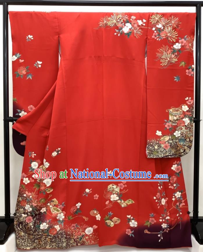 Japanese Classical Sakura Pine Pattern Furisode Kimono Costume Court Woman Red Silk Yukata Dress Traditional Festival Clothing