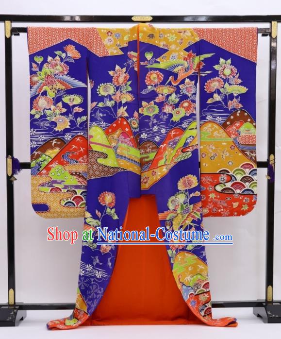 Japanese Classical Crane Chrysanthemum Pattern Furisode Kimono Costume Court Woman Royalblue Silk Yukata Dress Traditional Wedding Bride Clothing