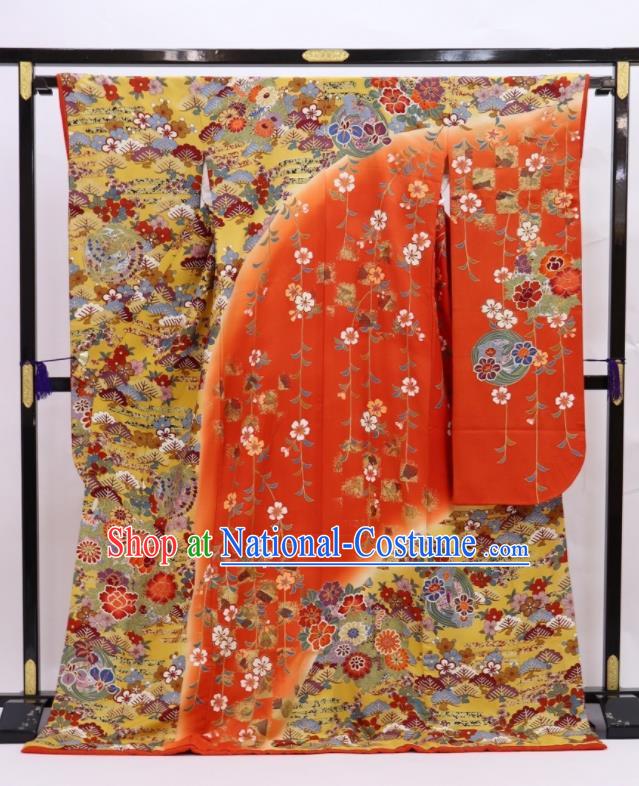 Japanese Traditional Wedding Bride Clothing Classical Flowers Pattern Furisode Kimono Costume Court Woman Red Silk Yukata Dress