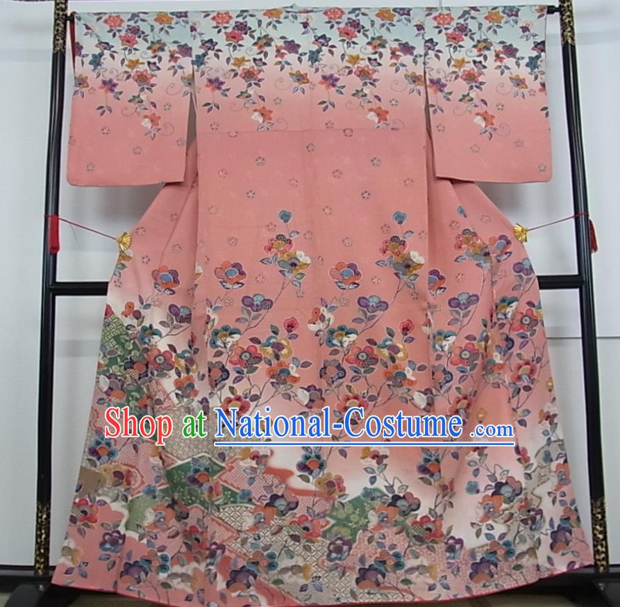 Japanese Traditional Festival Clothing Classical Primrose Pattern Tsukesage Kimono Costume Court Woman Pink Silk Yukata Dress