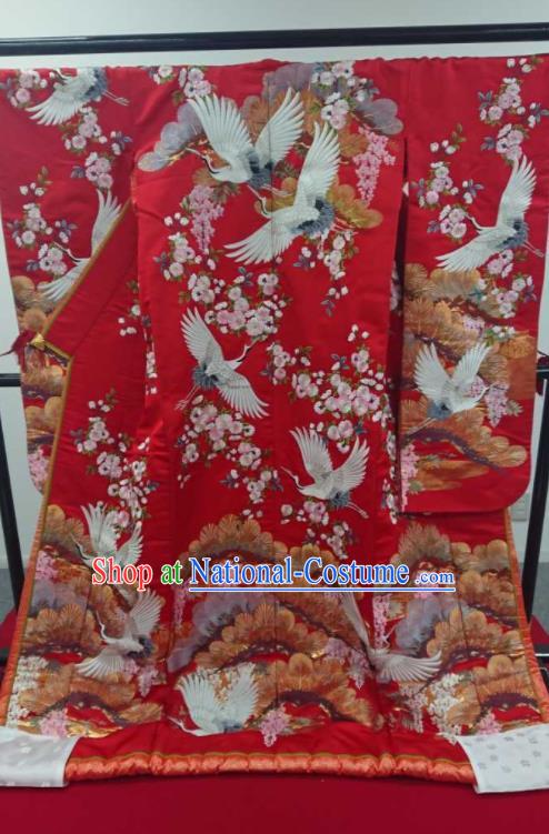 Japanese Traditional Wedding Bride Clothing Classical Cranes Pattern Uchikake Kimono Costume Geisha Performance Red Silk Yukata Dress