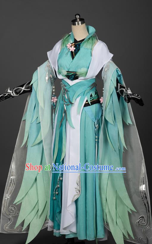 Chinese Ancient Swordswoman Costumes Traditional Cosplay Female Knight Green Hanfu Dress