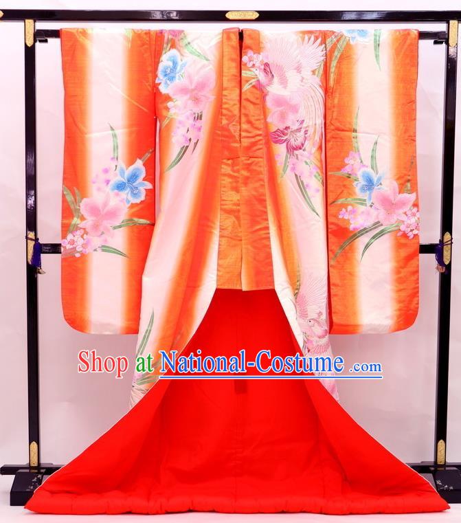 Japanese Geisha Courtesan Orange Silk Yukata Dress Traditional Court Bride Clothing Classical Phoenix Pattern Uchikake Kimono Costume