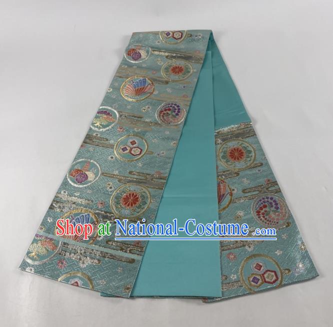 Japanese Classical Butterfly Flowers Pattern Kimono Belt Handmade Blue Brocade Waistband Traditional Yukata Robe Nishijin Girdle Accessories