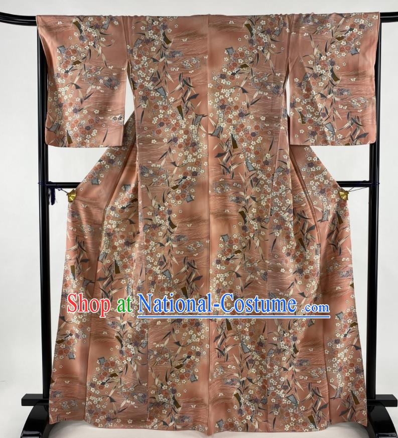 Japanese Court Woman Brown Silk Yukata Dress Traditional Festival Clothing Classical Flowers Pattern Tsukesage Kimono Costume