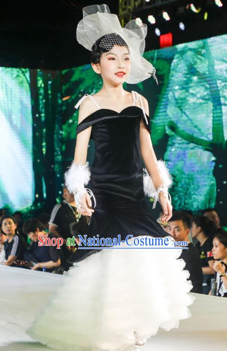 Custom Children Princess Fashion Modern Dance Black Velvet Clothing Girl Catwalks Garment Costumes Stage Show Veil Fishtail Full Dress