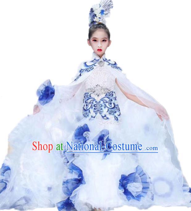 Chinese Compere Garment Costume Children Performance White Qipao Dress Stage Show Fashion Girl Catwalk Clothing