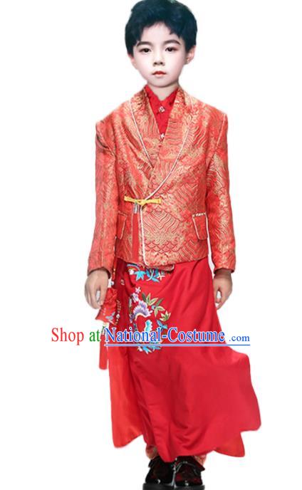 Top China Boys Stage Show Red Tang Suits Compere Garment Costumes Children Stage Performance Clothing Catwalks Prince Fashion