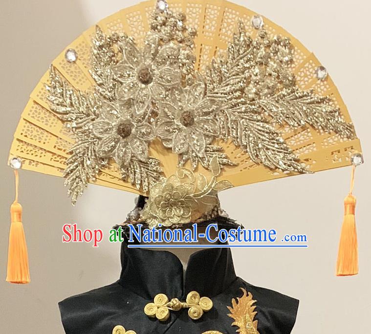 Chinese Children Folk Dance Golden Lace Fan Hair Crown Children Catwalk Hair Accessories Stage Show Headpieces