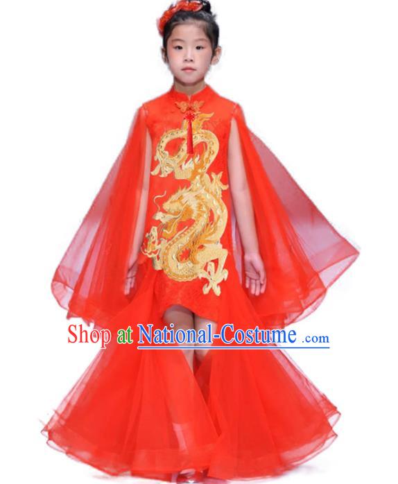 Chinese Girl Catwalk Cheongsam Clothing Compere Garment Costume Children Performance Red Qipao Dress Stage Show Fashion