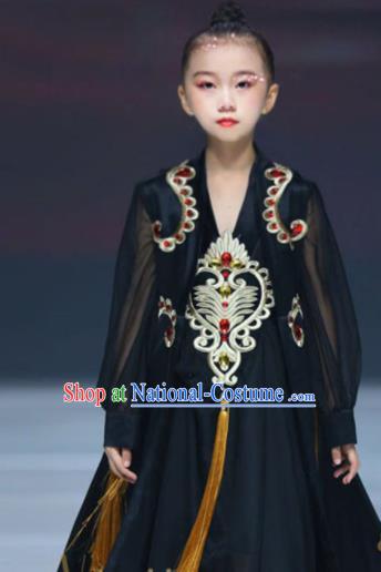 Chinese Modern Dance Garment Costume Children Kung Fu Performance Black Trailing Dress Stage Show Fashion Girl Catwalk Clothing