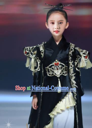 Chinese Girl Catwalk Clothing Chivalrous Garment Costume Children Kung Fu Performance Black Trailing Dress Stage Show Fashion