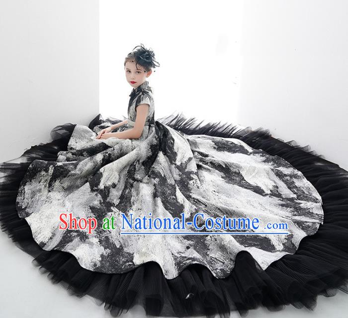 Custom Modern Dance Clothing Girl Catwalks Garment Costumes Stage Show Black Veil Trailing Full Dress Children Princess Fashion