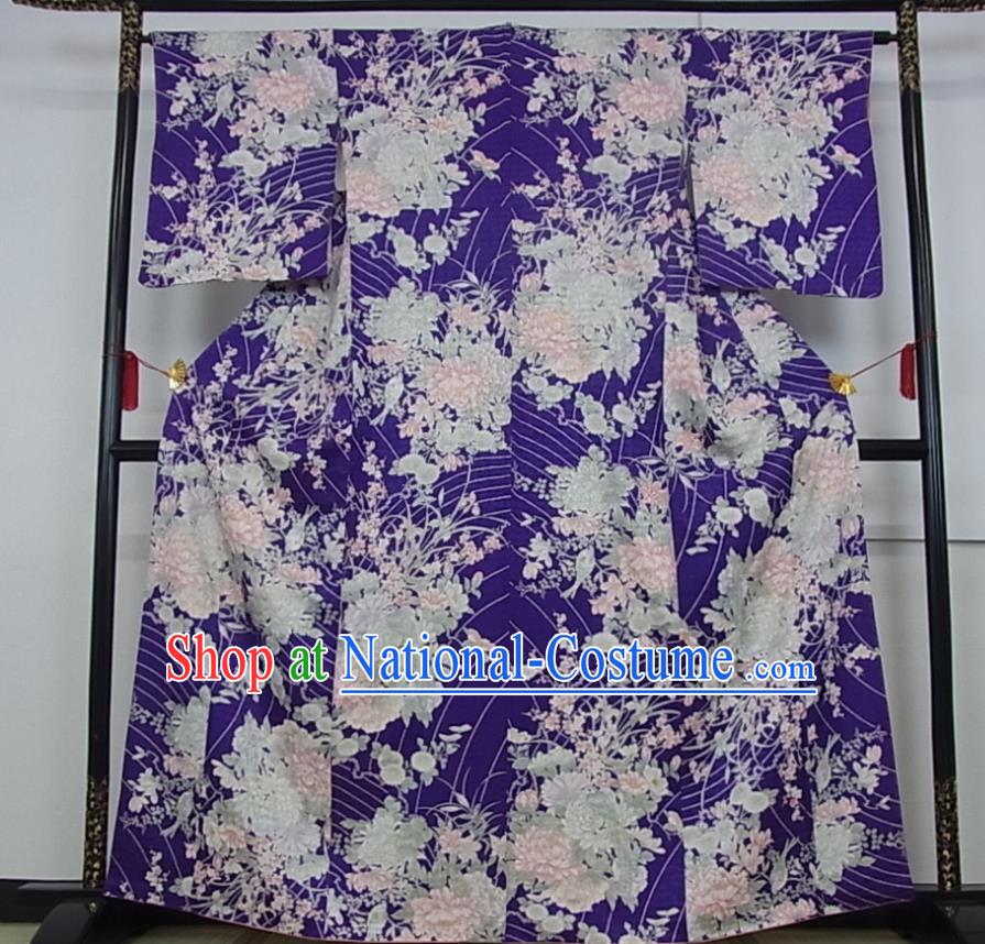 Japanese Classical Peony Pattern Tsukesage Kimono Costume Court Woman Purple Silk Yukata Dress Traditional Festival Clothing