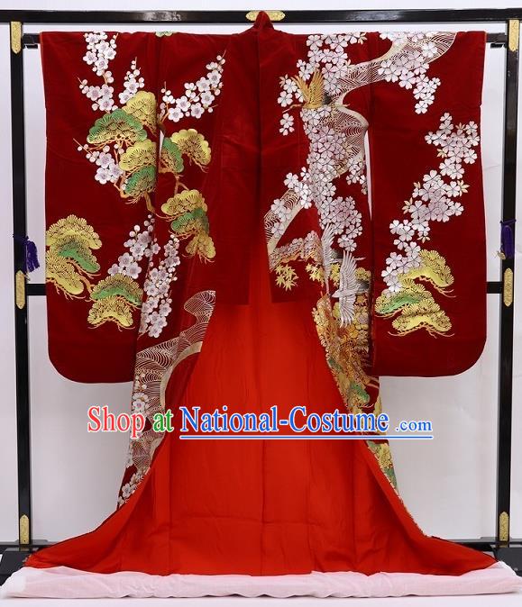 Japanese Wedding Bride Wine Red Yukata Dress Traditional Geisha Performance Clothing Classical Sakura Pine Pattern Uchikake Kimono Costume