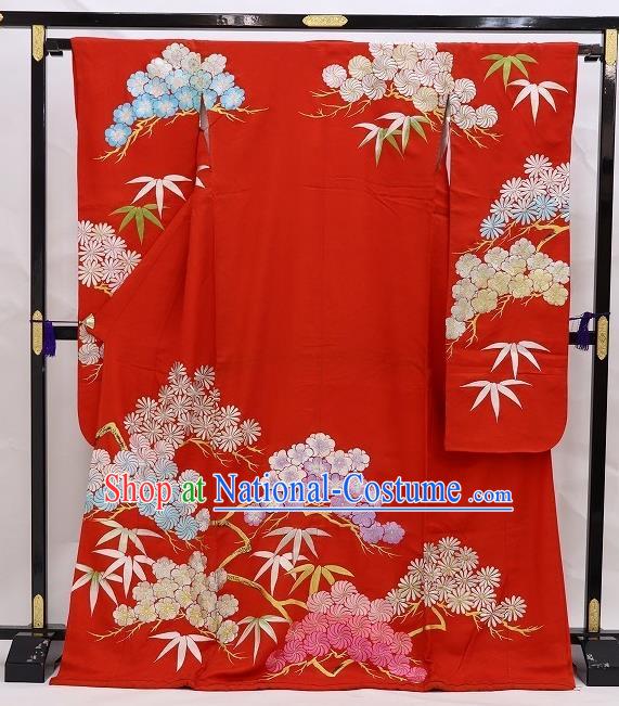 Japanese Traditional Geisha Performance Clothing Classical Chrysanthemum Pattern Furisode Kimono Costume Wedding Bride Red Yukata Dress