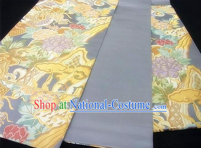 Japanese Traditional Yukata Robe Girdle Accessories Classical Dragon Peony Pattern Grey Brocade Belt Handmade Kimono Nishijin Waistband